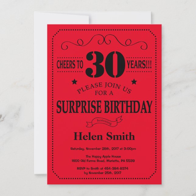 Surprise 30th Birthday Invitation Black and Red (Front)