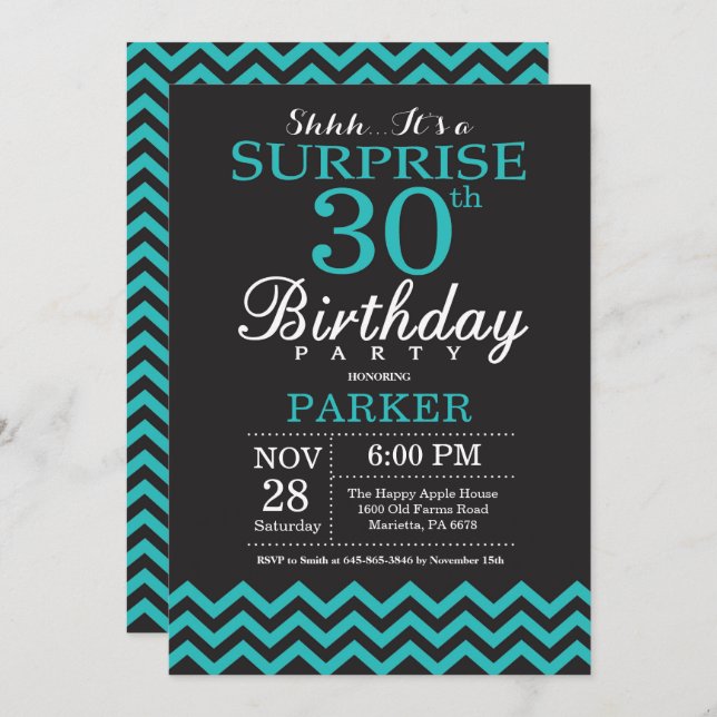 Surprise 30th Birthday Invitation Black and Teal (Front/Back)
