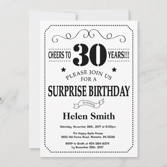 Surprise 30th Birthday Invitation Black and White (Front)
