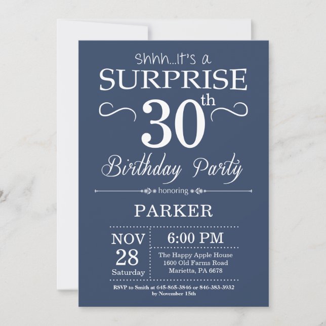 Surprise 30th Birthday Invitation Blue and White (Front)