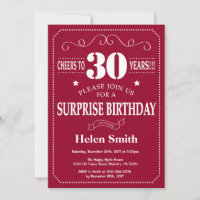 Surprise 30th Birthday Invitation Burgundy Red