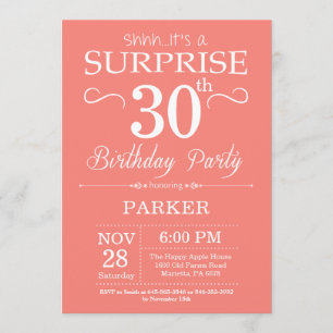 Surprise 30th Birthday Invitation Coral and White