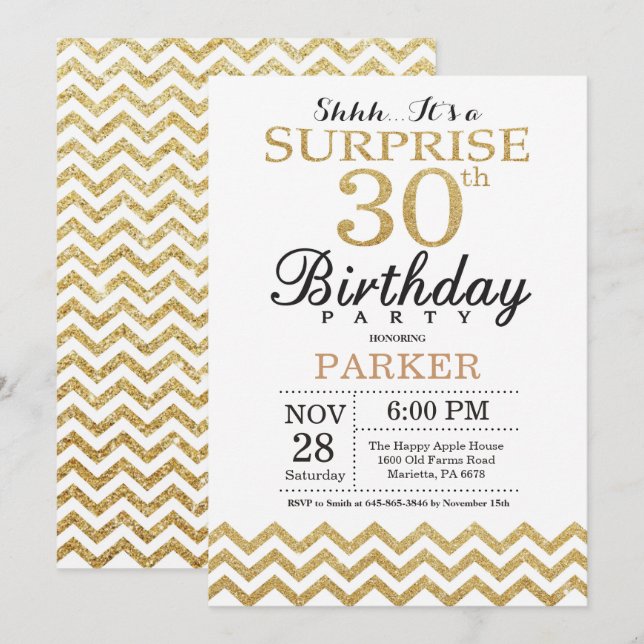 Surprise 30th Birthday Invitation Gold Glitter (Front/Back)