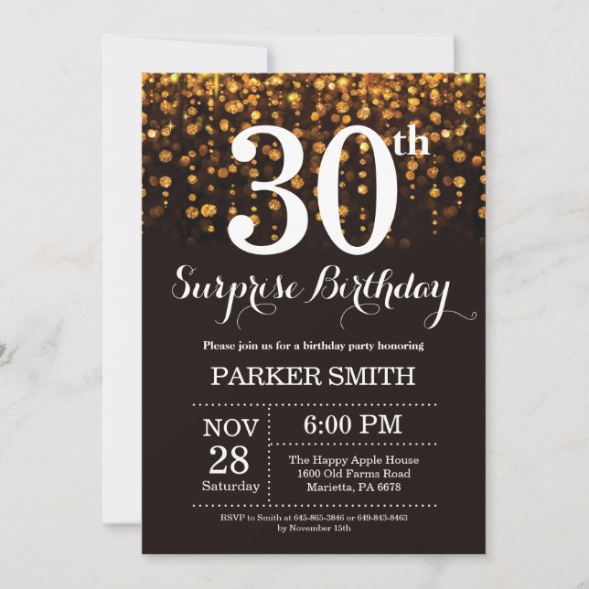 Surprise 30th Birthday Invitation Gold Glitter (Front)