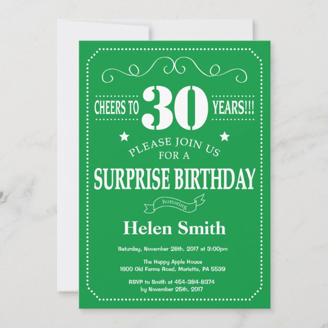 Surprise 30th Birthday Invitation Green and White (Front)