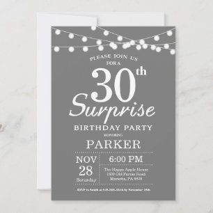 Surprise 30th Birthday Invitation Grey and White