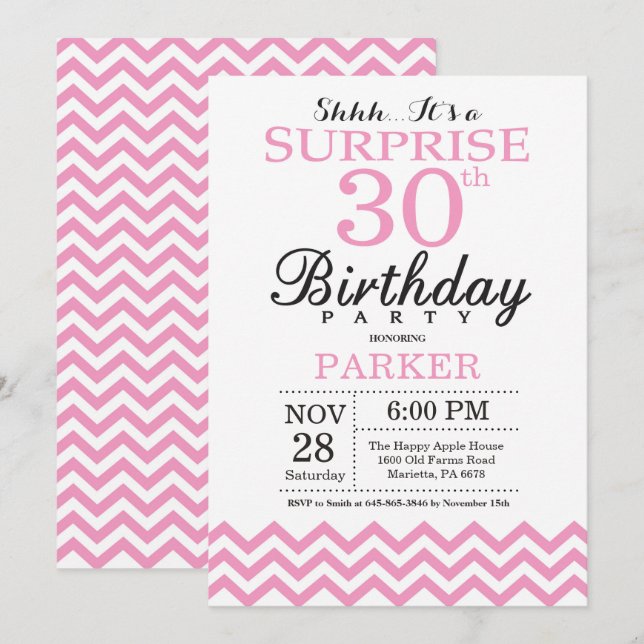 Surprise 30th Birthday Invitation Pink Chevron (Front/Back)