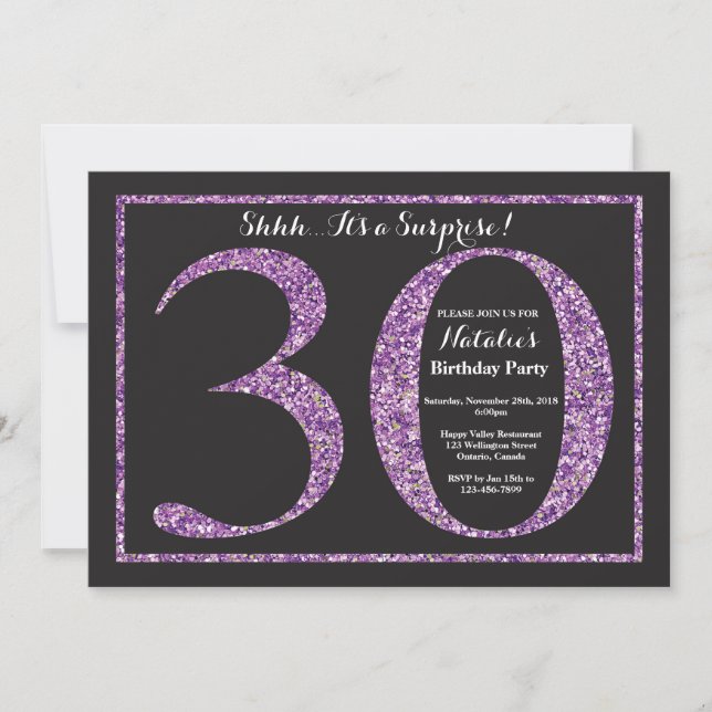 Surprise 30th Birthday Invitation Purple Glitter (Front)