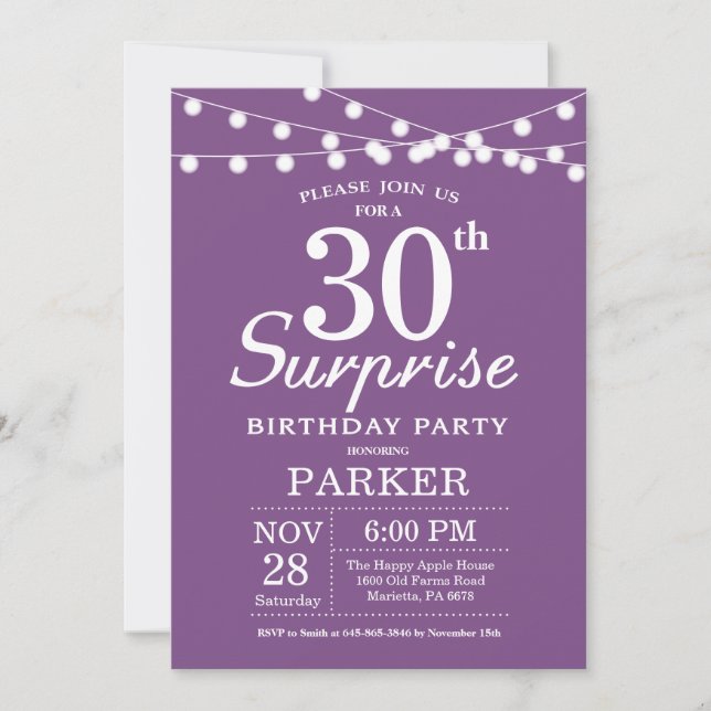 Surprise 30th Birthday Invitation Purple Lavender (Front)