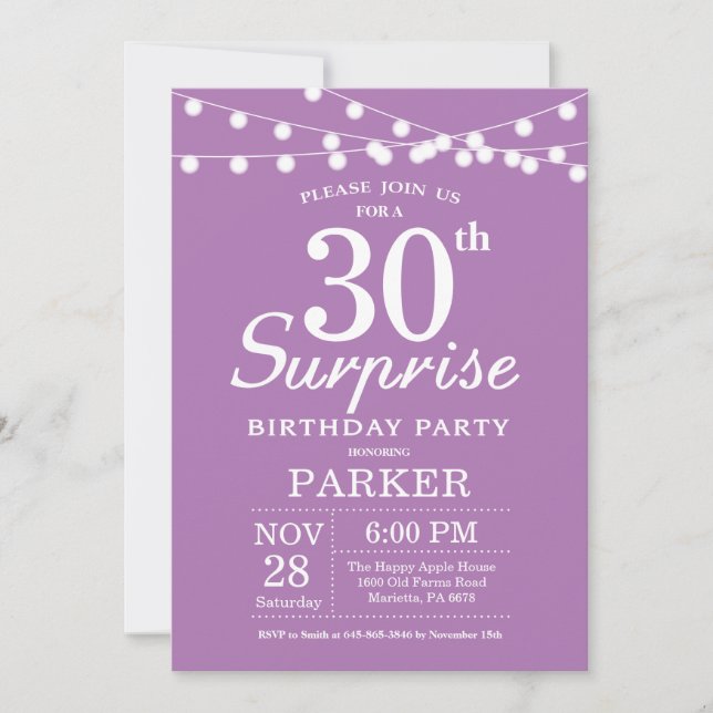 Surprise 30th Birthday Invitation Purple Lavender (Front)