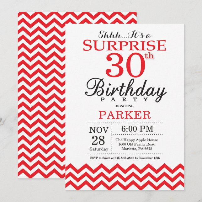 Surprise 30th Birthday Invitation Red Chevron (Front/Back)