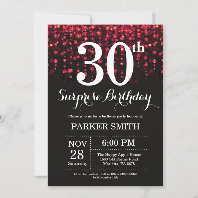 Surprise 30th Birthday Invitation Red Glitter (Front)