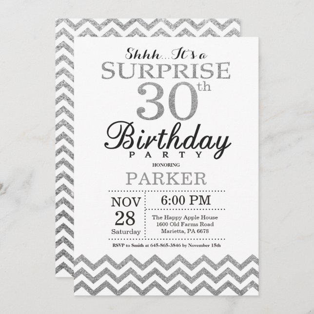 Surprise 30th Birthday Invitation Silver Glitter (Front/Back)