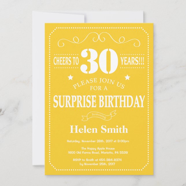 Surprise 30th Birthday Invitation Yellow and White (Front)
