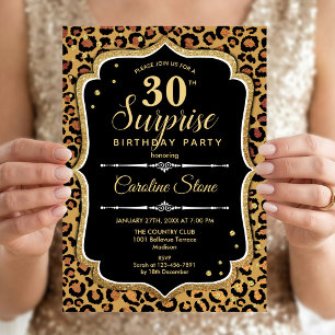 Surprise 30th Birthday - Leopard Black Gold Invitation