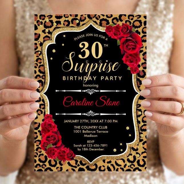 Surprise 30th Birthday - Leopard Black Gold Red Invitation (Creator Uploaded)