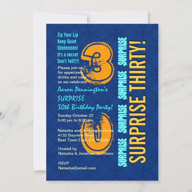 SURPRISE 30th Birthday Modern Blue and Gold F544 Invitation (Front)