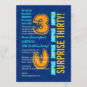SURPRISE 30th Birthday Modern Blue and Gold F544 Invitation