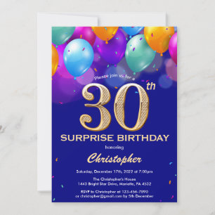 Surprise 30th Birthday Navy Blue and Gold Balloons Invitation