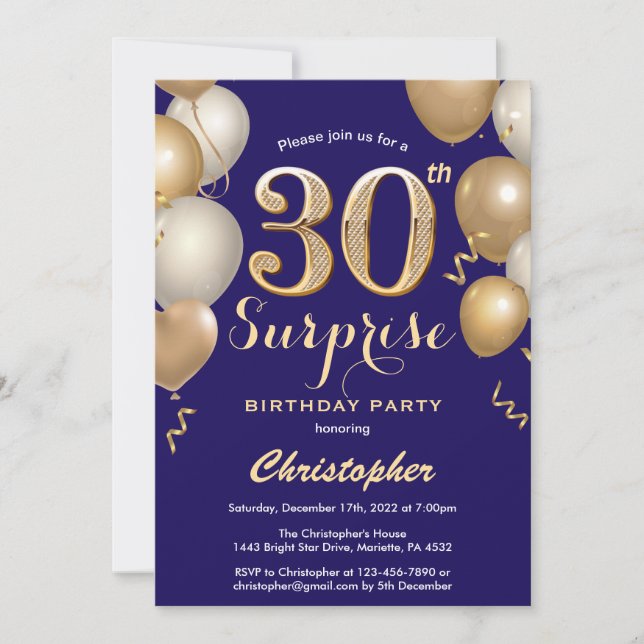 Surprise 30th Birthday Navy Blue and Gold Balloons Invitation (Front)
