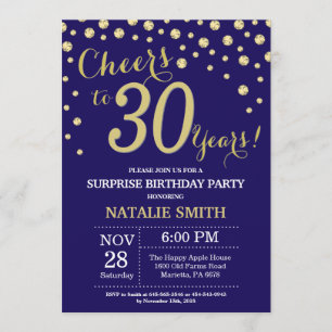 Surprise 30th Birthday Navy Blue and Gold Diamond Invitation