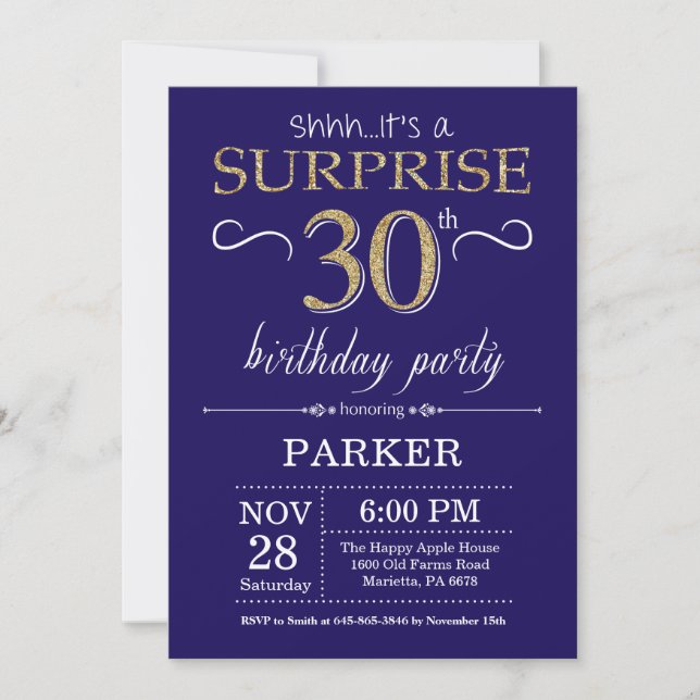Surprise 30th Birthday Navy Blue and Gold Glitter Invitation (Front)
