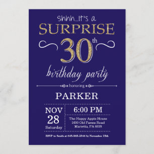 Surprise 30th Birthday Navy Blue and Gold Glitter Invitation
