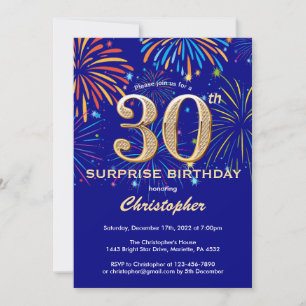 Surprise 30th Birthday Navy Blue & Gold Firework Invitation