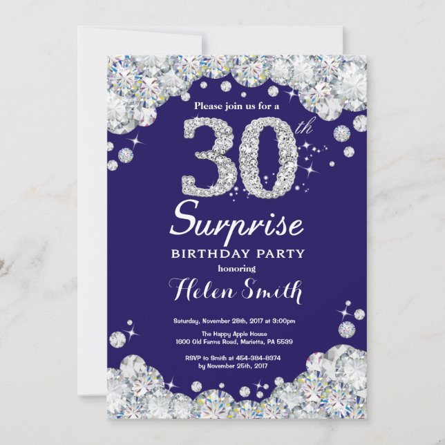 Surprise 30th Birthday Navy Blue Silver Diamond Invitation (Front)