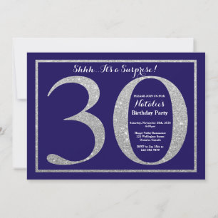 Surprise 30th Birthday Navy Blue Silver Glitter Invitation