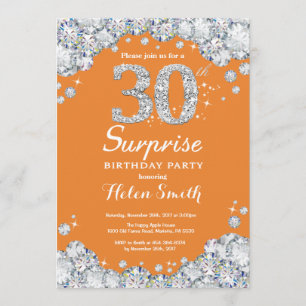 Surprise 30th Birthday Orange and Silver Diamond Invitation