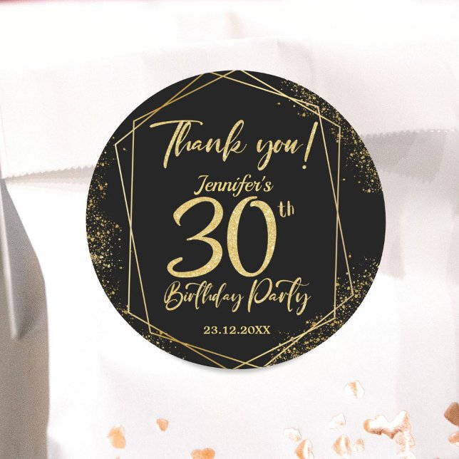 Surprise 30th Birthday Party Black & Gold Glitter Classic Round Sticker (Creator Uploaded)