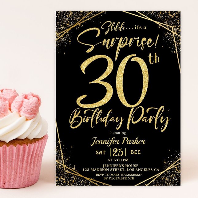 Surprise 30th Birthday Party Black & Gold Glitter Invitation (Creator Uploaded)