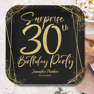 Surprise 30th Birthday Party Black & Gold Glitter Paper Plate