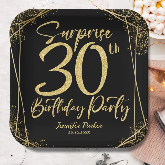 Surprise 30th Birthday Party Black & Gold Glitter Paper Plate (Creator Uploaded)
