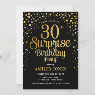 Surprise 30th Birthday Party - Black & Gold Invitation