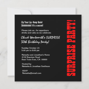 SURPRISE 30th Birthday Party Black Red Metallic Invitation