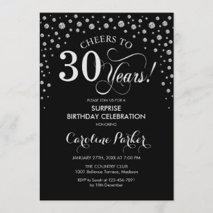Surprise 30th Birthday Party - Black Silver Invitation