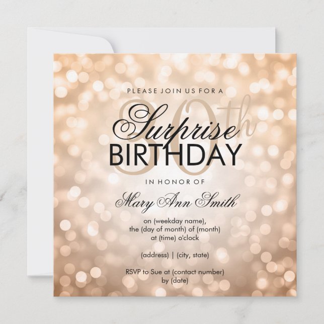 Surprise 30th Birthday Party Copper Glitter Lights Invitation (Front)