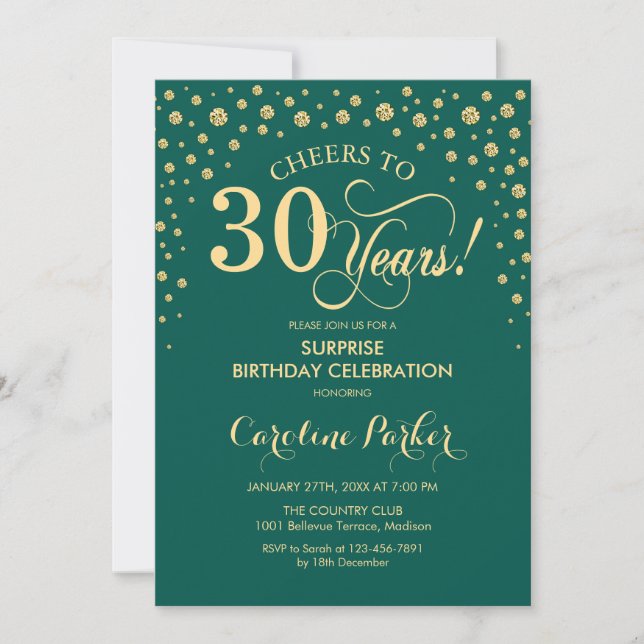 Surprise 30th Birthday Party - Emerald Green Gold Invitation (Front)