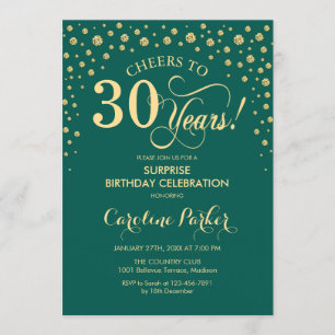 Surprise 30th Birthday Party - Emerald Green Gold Invitation