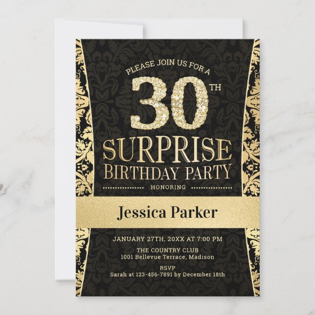 Surprise 30th Birthday Party - Gold Black Invitation (Front)