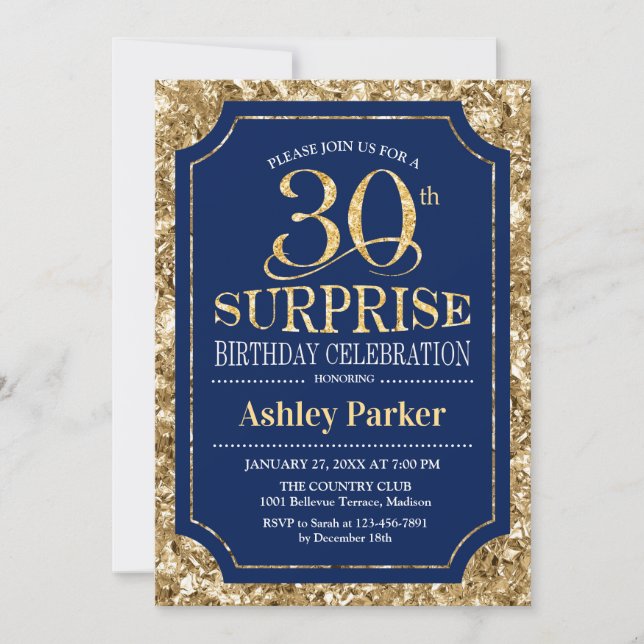Surprise 30th Birthday Party - Gold Navy Invitation (Front)