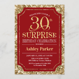 Surprise 30th Birthday Party - Gold Red Invitation