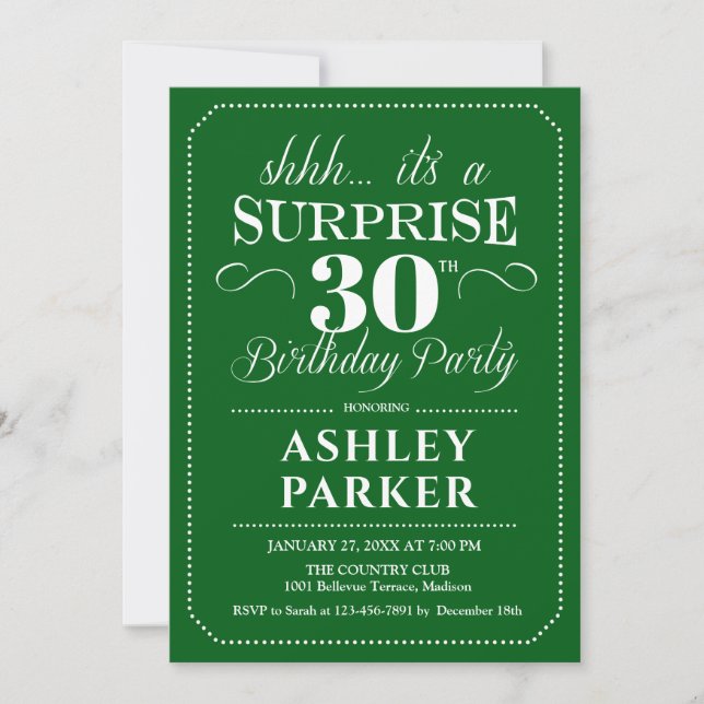Surprise 30th Birthday Party - Green White Invitation (Front)