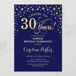 Surprise 30th Birthday Party - Navy Blue Gold Invitation