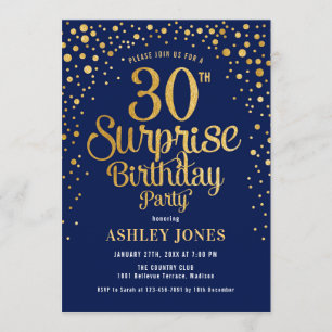 Surprise 30th Birthday Party - Navy & Gold Invitation