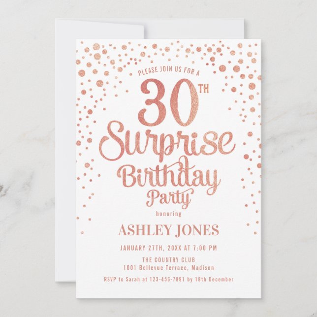 Surprise 30th Birthday Party - Rose Gold & White Invitation (Front)