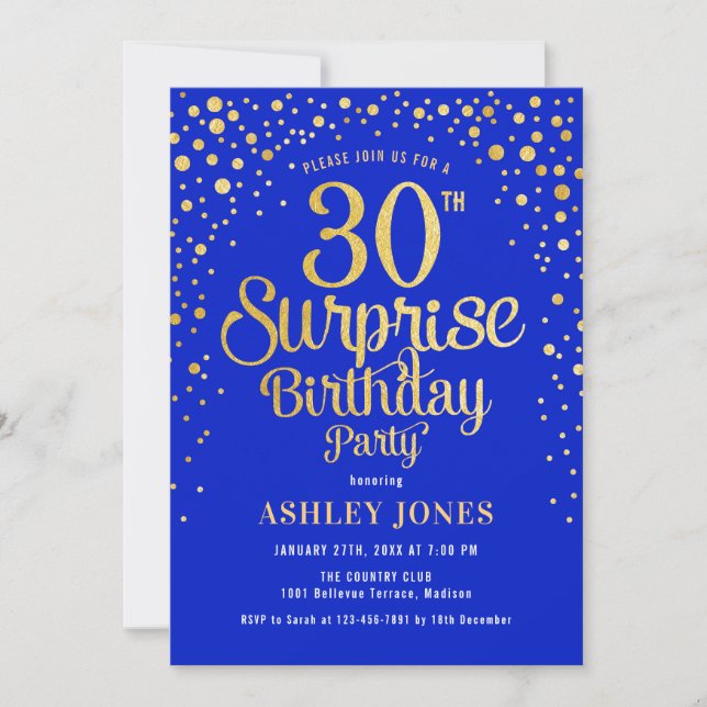 Surprise 30th Birthday Party - Royal Blue & Gold Invitation (Front)