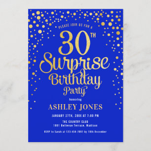 Surprise 30th Birthday Party - Royal Blue & Gold Invitation